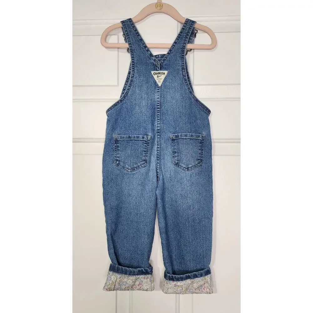 Oshkosh‎ B'Gosh Vestbak Denim Overalls Girls 2T Floral Trim Cuffs Pockets